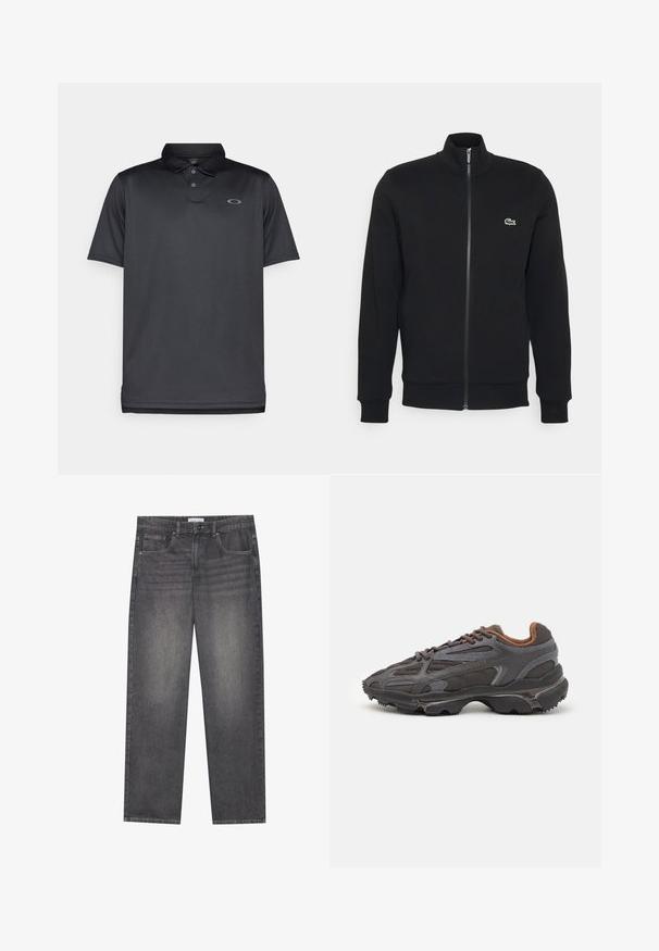 Juodas zip-up švarkas, pagamintas iš minkštos medžiagos. Turi aukštą apykaklę, ilgus rankovėmis ir mažą žalią logotipą kairėje krūtinės pusėje.; Juodas polo marškinėliai, pagaminti iš lygaus audinio, su apykakle, trimis mygtukais, trumpomis rankovėmis ir mažu pilku logotipu kairėje krūtinės pusėje.; Tamsiai pilkos džinsinės kelnės su tiesiu kirpimu, turinčios penkias kišenes, priekinį knopkopį ir švelnų išblukimą audinyje.; Lacoste sportbačiai tamsiai pilki, pagaminti iš tinklinės ir sintetinių medžiagų, su tekstūruotu padu ir rudomis detalėmis ant apykaklės bei prekės ženklo.