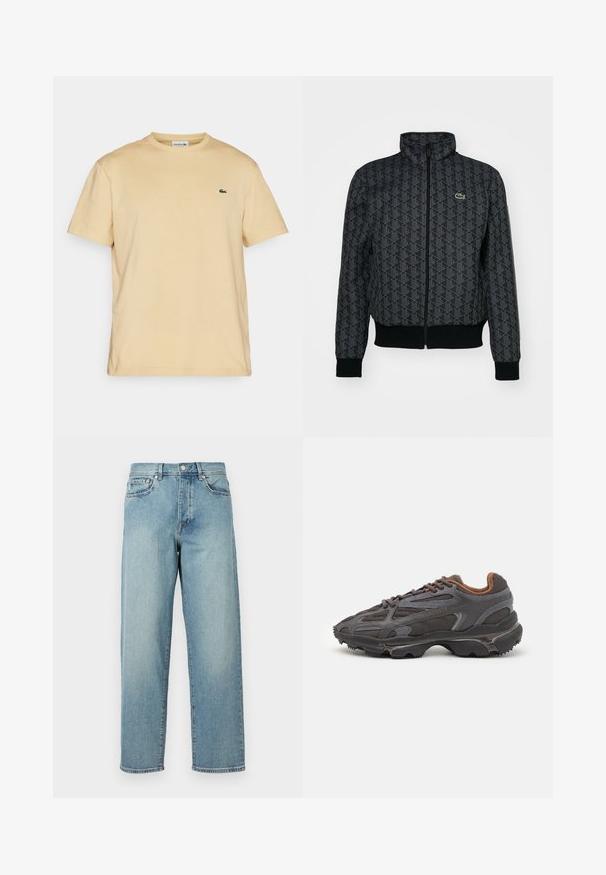 Casaco preto com fecho éclair, apresentando um padrão geométrico, gola alta, punhos e barra canelados, com um pequeno logótipo verde da Lacoste no lado esquerdo do peito.; Lacoste T-shirt básica - croissant; Jeans de denim azul claro com um corte solto, pernas retas, design de cinco bolsos e fecho de botão na cintura. Detalhe de costura minimalista.; Ténis Lacoste em cinza-escuro com material em malha e sintético, apresentando uma sola texturizada e detalhes castanhos na gola e na marca.