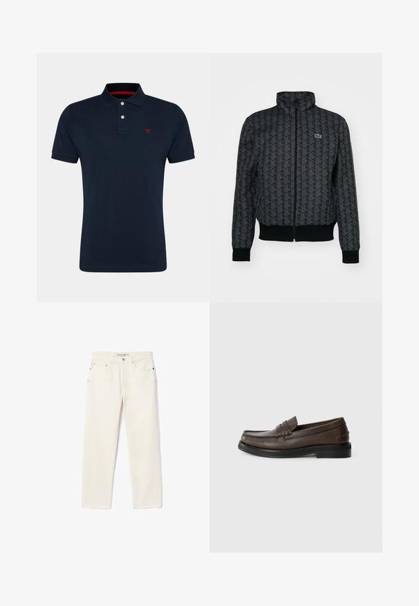 Černá zipová bunda s geometrickým vzorem, vysokým límcem, žebrovanými manžetami a spodním lemem, s malým zeleným logem Lacoste na levé hrudi.; Námořnická polo tričko s klasickým límečkem, krátkými rukávy, tříknoflíkovou légou a červeným vyšitým logem na hrudi. Měkká bavlněná látka.; Krémové džíny s rovnýma nohama, které mají dvě přední kapsy, zapínání na knoflík a jemné značení poblíž pasu.; Hnědé kožené mokasíny s kulatou špičkou, s detailním prošíváním a plochou černou podrážkou. Mají malou ozdobnou sponu přes nárt.
