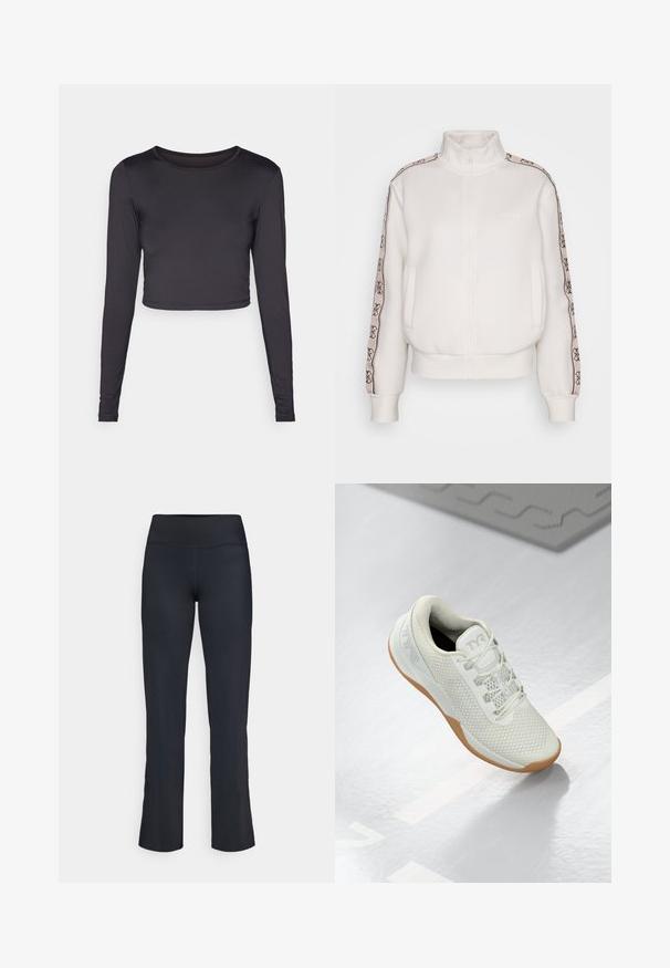 Bela zip-up kapuca s visokim ovratnikom, izrađena od mekog materijala. Ima logo i dekorativnu traku duž rukava u kontrastnim tonovima.; Dolga majica s kratkimi rokavi v črni barvi, izdelana iz gladkega materiala. Ima okrogel izrez in oprijet kroj s subtilnim šivanjem roba.; Črne športne hlače z visokim pasom. Narejene iz gladkega, raztegljivega materiala s flared obliko hlačnic in minimalnimi šivi.; Bela atletska čevelj z mrežnim zgornjim delom in rjavim gumijastim podplatom, označen z blagovno znamko TYR, postavljen na odsevno gladko površino blizu teksturirane preproge.