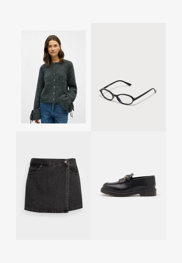 Siv krožnik pulover z dolgimi rokavi, ki ima teksturirano tkanino, biserne gumbe in zavezane detajle na zapestjih. Uporablja se z modrimi kavbojkami.; Bela dolga majica iz rebraste tkanine s okroglo izrezom in subtilnimi šivi, ki oblikujejo pas, prikazana na enobarvni beli ozadju.; Črna denim mini krila z rahlo strganim robom, dvema sprednjima žepoma in srebrnim gumbom za zapiranje. Ima oblikovanje s stranskim ovijanjem.; Črne usnjene loafer čevlje z zaobljenim nosom, dekorativno resico in zlatimi okrasnimi elementi. Debel gumijast podplat za dodatno oprijemljivost in vzdržljivost.; Črne ovalne okvirne očala z prosojnimi vijoličnimi detajli na lečah. Okviri imajo mat zaključek in vitke, ravne nogice.; Črna usnjen torbica z motorno površino, zlato kovinsko opremo in dvema zaobljenima ročajema. Ima varno zapiranje in minimalistično blagovno znamko.
