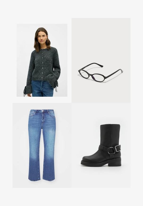 Harmaa neulottu villatakki pitkillä hihoilla, jossa on tekstuuripinta, helmi-napit ja sidottuja yksityiskohtia hihansuissa. Yhdistetty sinisiin farkkuihin.; Pitkähihaisen valkoisen ribbipaidan, jossa on pyöreä kaula-aukko ja hienovaraisia sauma-yksityiskohtia vyötärön muotoilussa, esitettynä yksinkertaisella valkoisella taustalla.; Denim-farkut vaaleasta keskitason sinisestä gradientista. Ominaisuuksiin kuuluu suora lahje, viisi taskua ja ommeltu yksityiskohta saumoissa.; Musta nahkainen nilkkabotti, jossa on pyöristetty kärki, paksu korko ja koristeellinen soljilla varustettu hihna nilkassa. Pintakuviointi.; Mustat soikeat kehykset, joissa on puoliläpinäkyvät violetit yksityiskohdat linssissä. Kehykset ovat mattapintaiset ja hoikalla, suoralinjaisella varrella.; Musta nahkainen olkalaukku, jossa on teksturoitu pinta, kullanväriset metalliosat ja kaksi pyöreää kantokahvaa. Varustettu turvallisella sulkimella ja hillityllä brändäyksellä.