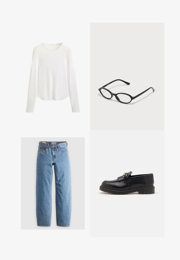 Sivi pleteni kardigan s dugim rukavima, sa strukturiranim materijalom, bisernim dugmadi i vezivanje na manžetama. Nosa se s plavim trapericama.; Dugih rukava bijela rebrasta majica s okruglim izrezom i suptilnim šavovima koji oblikuju struk, prikazana na jednostavnoj bijeloj pozadini.; Svijetloplave traperice s ravnim nogavicama, pet džepova, zatvaranjem na patentni zatvarač i suptilnom izblijedjelom teksturom. Klasičan stil s minimalnim hardverom.; Crne kožne mokasine s okruglim prstom, ukrasnim resicama i zlatnim detaljima. Debeli gumeni đon za dodatno prianjanje i izdržljivost.; Crne naočale ovalnog okvira s prozirnim ljubičastim naglascima na lećama. Okviri imaju mat finiš i tanke, ravne temple.; Crna torba za nošenje od kože s teksturiranom površinom, zlatnim kopčama i dvije zaobljene ručke. Sadrži sigurnu zatvarač i minimalni brending.