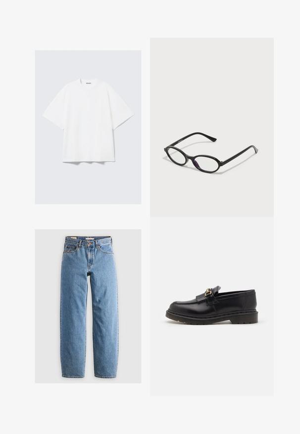 Gray knitted cardigan with long sleeves, featuring textured fabric, pearl buttons, and tied accents at the cuffs. Worn with blue jeans.; White oversized t-shirt made of cotton. Features short sleeves, a crew neckline, and subtle stitching details. Brand logo at neck.; Light blue denim jeans with a straight leg design, five pockets, a zipper fly, and a subtle faded texture. Classic styling with minimal hardware.; Black leather loafers with a rounded toe, decorative fringe, and gold hardware accent. Thick rubber sole for added traction and durability.; Black oval-frame glasses with translucent purple accents on the lenses. Frames have a matte finish and slender, straight temples.