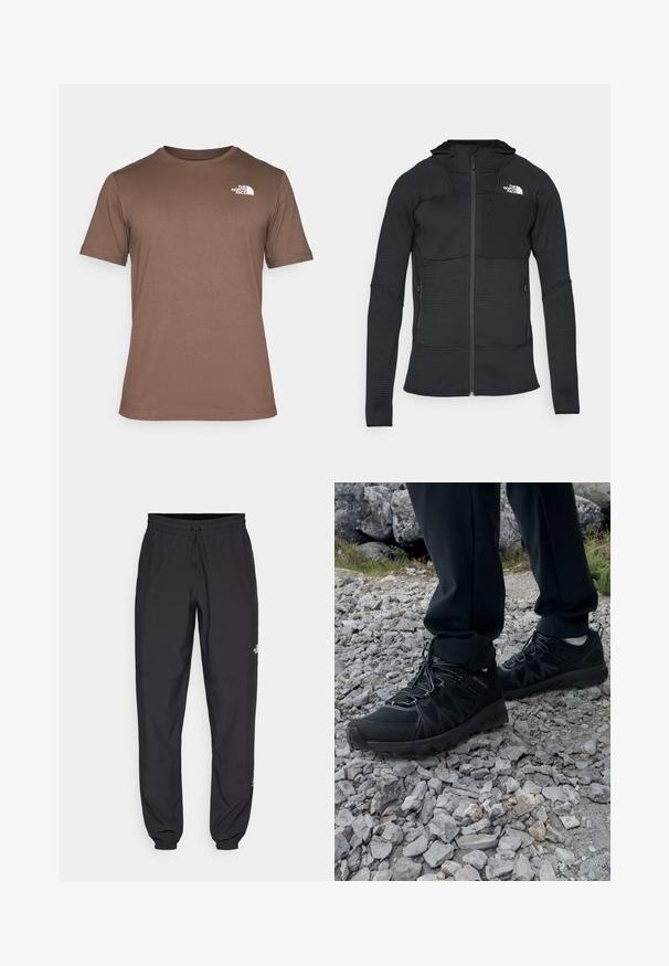 Svart hettejakke med teksturert stoff, glidelås, og to sidelommer, med en brystlomme med en svart lapp og en hvit logo.; The North Face M SS BOX NSE TEE - T-shirts med print - smokey brown/black; Sorte idrettsbukser laget av lett stoff, med snor i livet, sidelommer og smale mansjetter ved anklene.; Sorte utendørssko i svart med mesh og syntetisk materiale, med en teksturert overdel, sikret snøresystem og en robust såle, på steinete terreng.