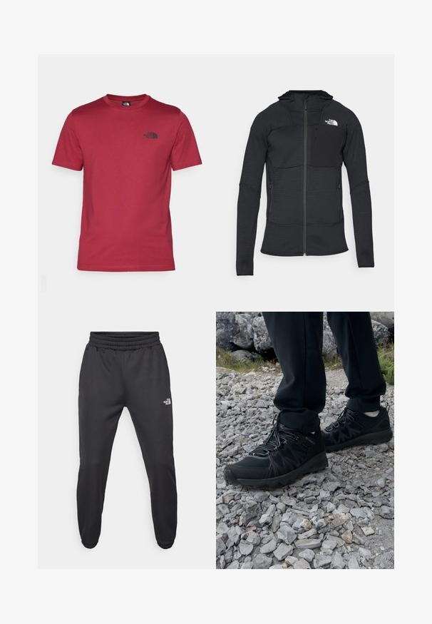 Zwarte zip-up jas van textured stof, met capuchon en twee zijzakken, voorzien van een borstzak met een zwart patch en een wit logo.; The North Face M SS SIMPLE DOME TEE - Sport T-shirt - beetroot; Zwarte sweatpants met een trekkoord in de taille, tapered fit, elastische boorden en een klein wit logo op de linker dij, gemaakt van gladde stof.; Zwarte buitenschoenen van mesh en synthetisch materiaal, met een gestructureerd bovenwerk, een beveiligd vetersysteem en een robuuste zool, op een ruig terrein.