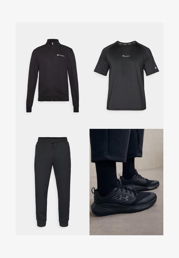 Jachetă neagră cu fermoar, cu guler înalt, fabricată dintr-un material moale. Prezintă logo-ul "Champion" pe pieptul stâng și mansete elastice.; Champion TRAINING CREWNECK - Bluză sport - black; Pantaloni sport negri din material elastic cu talie ajustabilă prin șnur, buzunare laterale cu fermoar și manșete cu textură rib. Fabricati dintr-un material moale, texturat.; Persoană purtând adidași sport negri cu laturi texturate și logo, asortați cu șosete negre și pantaloni scurți, pe un podea deschisă.