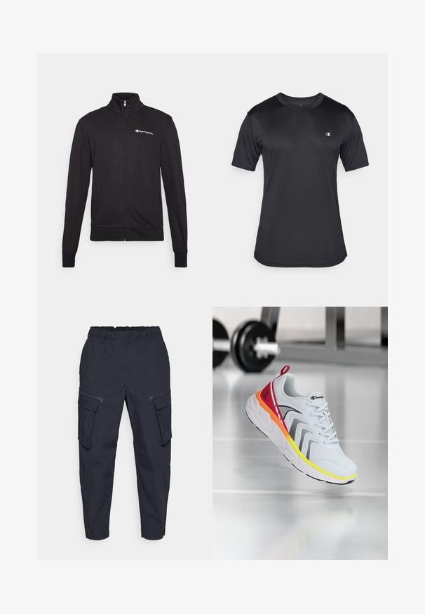 Črna zip-up jakna z visokim ovratnikom, izdelana iz mehkega materiala. Ima logo "Champion" na levem prsnem delu in elastične manšete.; Črna kratkotrajna športna majica iz teksturirane, zračnosti tkanine; ima okroglo ovratnik in logotip na levem prsnem delu.; Under Armour UNSTOPPABLE - Hlače za na prostem - black; Bela atletska čevlja z mrežastim zgornjim delom, barvnimi akcenti v rdeči, oranžni in rumeni barvi, z teksturirano podplatom in črnimi detajli.