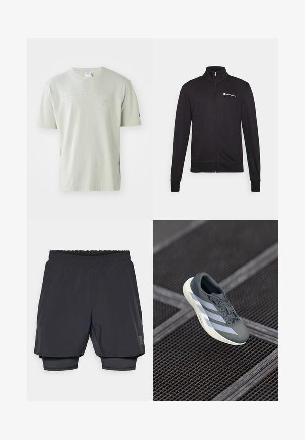 Jachetă neagră cu fermoar, cu guler înalt, fabricată dintr-un material moale. Prezintă logo-ul "Champion" pe pieptul stâng și mansete elastice.; Tricou scurt cu manșon, de culoare verde deschis, realizat din bumbac. Previne un guler rotund și un logo discret pe piept. Textură netedă cu o croială lejeră.; Pantaloni scurți atletici negri, cu talie elastică, design în straturi și căptușeală interioară ajustată. Prezintă un logo subtil pe partea inferioară.; Pantof sport gri și alb, realizat din material sintetic, cu un design aerodinamic, finisaj texturat și un sistem de șireturi proeminent.