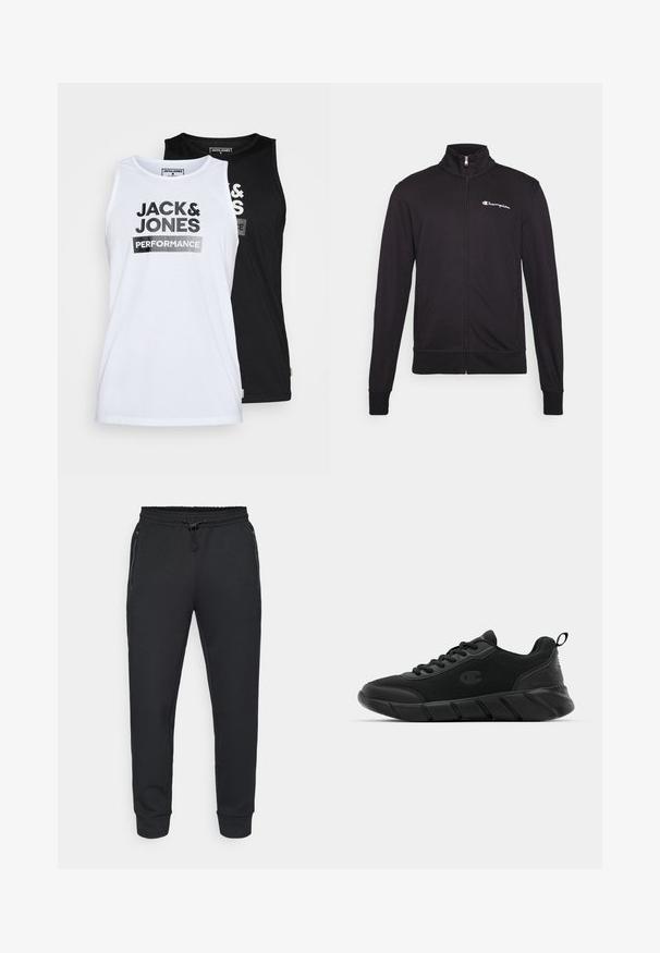 Črna zip-up jakna z visokim ovratnikom, izdelana iz mehkega materiala. Ima logo "Champion" na levem prsnem delu in elastične manšete.; Set dveh brezrokavnih majic v beli in črni barvi. Tkanina je gladek bombaž. Na sprednji strani je napisan "JACK & JONES PERFORMANCE" z velikimi črnimi črkami.; Črne atletske hlače s črto z elastiko, stranskimi žepi na zadrgo in rebrastimi manšetami. Narejene iz mehkega, teksturiranega materiala.; Črne športne teniske z mrežnim zgornjim delom, ojačano konico, teksturiranim srednjim delom in zadnjim držalom za enostavno obuvanje. Logotip prikazan na strani.