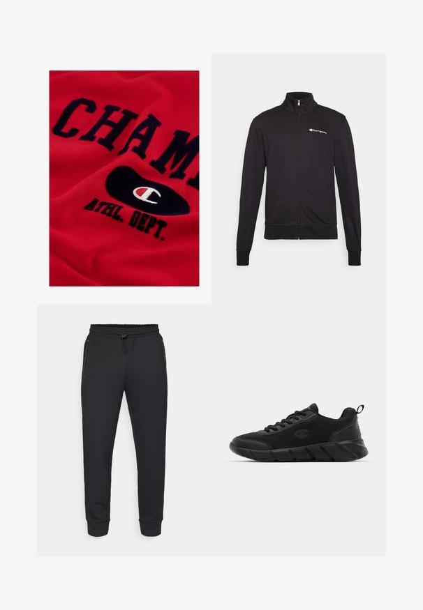 Zwarte zip-up jack met een hoge kraag, gemaakt van zachte stof. Heeft het "Champion" logo op de linkerborst en elastische manchetten.; Rode katoenen sweatshirt met grote marineblauwe tekst "CHAMP" en "ATHL. DEPT." en een zwart ovaal logo met een wit en rood embleem.; Zwarte sportieve joggers met een elastische tailleband met trekkoord, zijzakken met rits en geribbelde boorden. Gemaakt van een zachte, gestructureerde stof.; Zwarte sport sneakers met een bovenwerk van mesh, versterkte neus, gestructureerde middenzool en een achterkant met een trekband voor eenvoudig aan- en uittrekken. Logo aan de zijkant weergegeven.