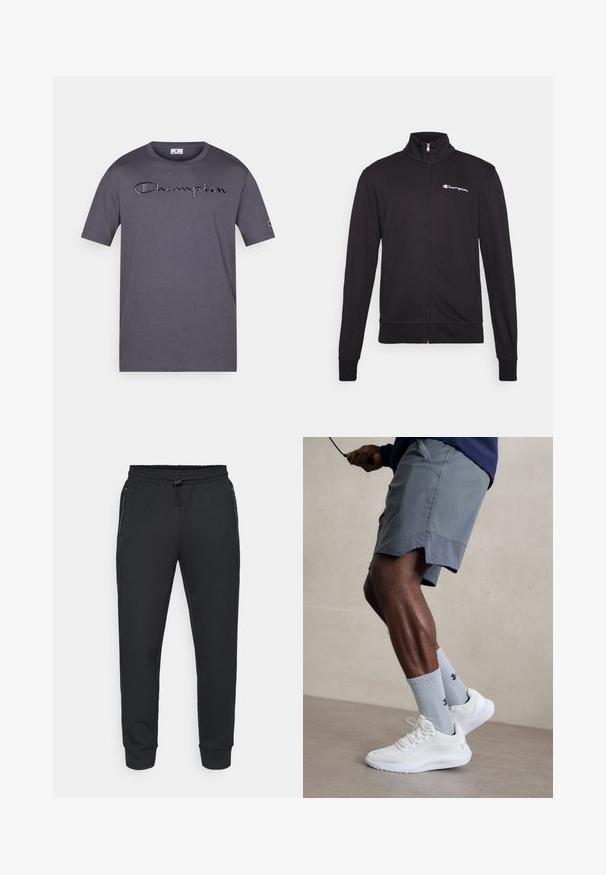 Črna zip-up jakna z visokim ovratnikom, izdelana iz mehkega materiala. Ima logo "Champion" na levem prsnem delu in elastične manšete.; Siva bombažna majica s kratkimi rokavi, ki ima izvezeno "Champion" logo čez prsa in mali logo na rokavu.; Črne atletske hlače s črto z elastiko, stranskimi žepi na zadrgo in rebrastimi manšetami. Narejene iz mehkega, teksturiranega materiala.; Bela športna obutev z zgornjim delom iz teksturirane mreže, kombinirana z svetlo modrimi rebrastimi nogavicami z logotipom. Sivi športni šortsi s perforiranim robom.