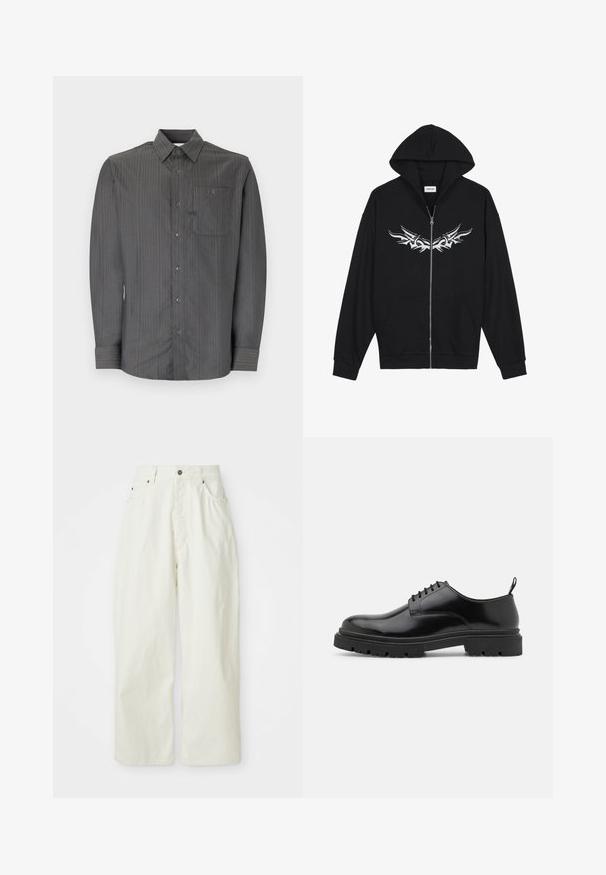 Sudadera negra con cremallera y bolsillo frontal, capucha y diseño tribal plateado en el pecho. Fabricada con un tejido suave y con puños acanalados.; Camisa de manga larga a rayas grises con cuello botón y bolsillo en el pecho, que presenta pequeños botones y una tela texturizada.; Pantalones anchos blancos de algodón, con una alta cintura, cinco bolsillos y cierre de botón metálico. Textura suave con un diseño minimalista.; Zapatos de cuero negro con cordones, punta redonda, textura suave y suela de goma acanalada. Presentan un pequeño tacón y una pestaña en la parte posterior.