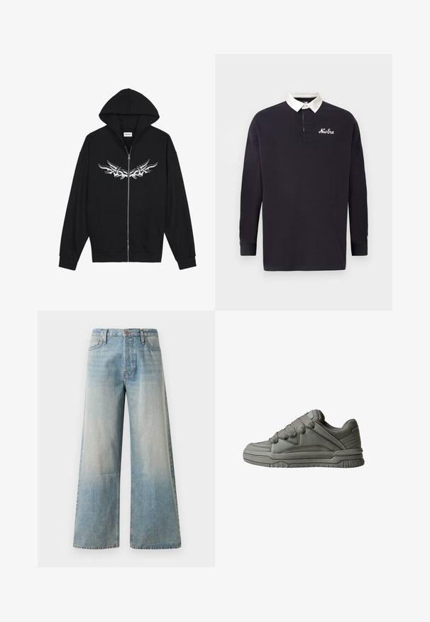 Czarna hoodie na zamek błyskawiczny z kieszenią z przodu, kapturem i srebrnym tribalowym wzorem na klatce piersiowej. Wykonana z miękkiego materiału z ściągaczami przy rękawach.; Czarna, długosleeve'owa koszulka polo z bawełny. Posiada biały kołnierzyk z zapięciem na guziki oraz haft "New Era" w białym kolorze.; Jasnoniebieskie dżinsowe spodnie typu wide-leg. Posiadają wysoki stan, zapięcie na guzik oraz delikatne przetarcia, gładką teksturę i przeszycia.; Szare buty sportowe z teksturowanej skóry i siateczki, gruba gumowa podeszwa oraz wyraźnie wyściełany język i boki. Zawierają sznurowadła i akcenty po bokach.