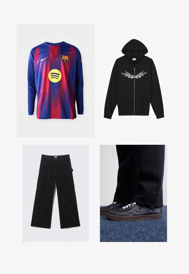 Svart zip-up hettegenser med frontlomme, hette og sølvfarget tribal-design på brystet. Laget av myk stoff med ribbestrikkede mansjetter.; Langermet fotballdrakt med blå og røde vertikale striper, Nike-logo, Barcelona-våpenskjold og en sirkulær Spotify-logo i sentrum.; Svart vide cordbukser i kordfløyel med store framlommer og beltehekter, utstyrt med knapp- og glidelås-lukking.; Nike Sportswear KILLSHOT 2 LTR PRM OPP2 - Joggesko - black sail baroque brown mtlc dk grey