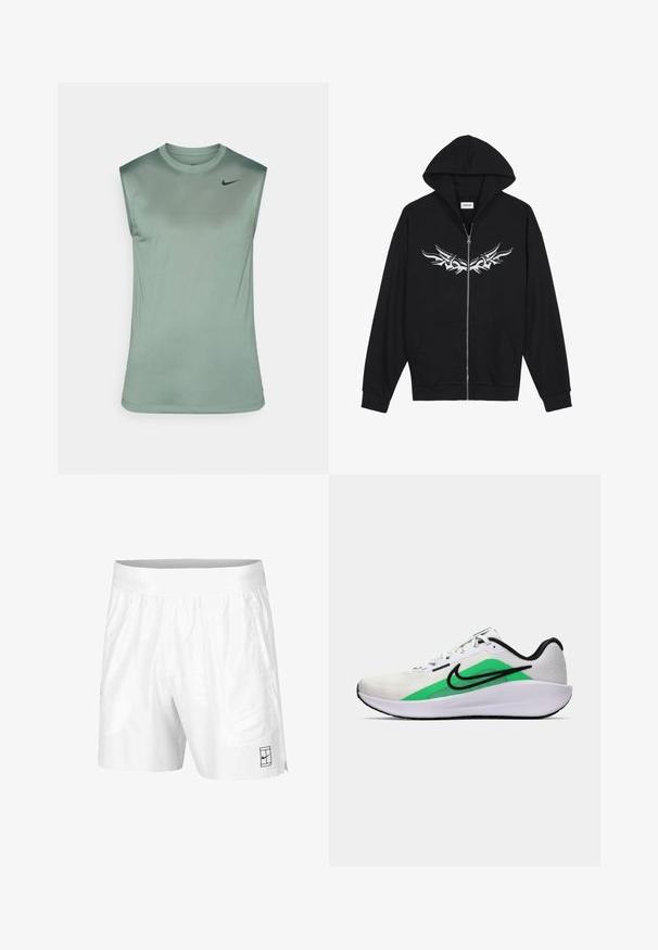 Black zip-up hoodie featuring a front pocket, hood, and silver tribal design on the chest. Made from soft fabric with ribbed cuffs.; Sleeveless athletic shirt in soft green fabric with a smooth texture. Features a round neckline and a small black Nike logo on the chest.; White athletic shorts made of lightweight fabric with an elastic waistband, featuring two side pockets and a small black logo on the hem.; White athletic shoe with a green accent, black logo, mesh upper, cushioned sole, and a rounded heel. Features laces and contrast detailing.