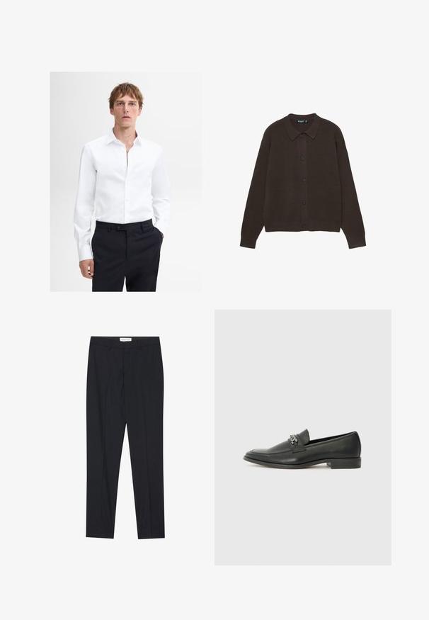 Mørkebrun cardigan lavet af blødt materiale, med klassisk krave, lange ærmer og seks sorte knapper langs fronten.; Hvid langærmet skjorte med button-down krave og frontplacket, båret med mørke skræddersyede bukser. Glat stof, rent design.; Sorte skræddertræner med flad front, almindelig pasform, lavet af glat stof, med pressede folder og sidelommer.; Sorte læder loafers med en glat finish, der har et syet design og et dekorativt metal kædeaccent hen over vamps. Flad hæl.
