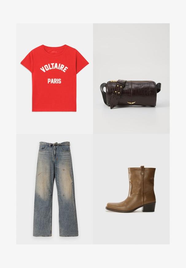 Auda beidzot krēmkrāsas kardigāns ar atveramu priekšpusi, garām piedurknēm un sarežģītu izgrieztu rakstu. Nedaudz saplēstas malas piešķir papildus faktūru.; Sarkans kokvilnas T-krekls ar īsām piedurknēm, apaļu izgriezumu un baltiem uzrakstiem "VOLTAIRE" un "PARIS" treknās, izliekts vēstulēs.; Gai zilgans džinsi ar brīvu, taisnu kāju dizainu. Iezīmējas ar noslīpēšanu, izbalēšanu un nolietojuma detaļām ap ceļgaliem. Klasisks piecu kabatu stils.; Brūnas ādas potītes zābaki ar kvadrātveida degunu, struktūru apdari un zemu sakrautu papēdi. Ir aizmugurējais cilpiņu un smalkas šūšanas detaļas.; Brūna krokodila ādas soma ar cilindrisku formu, zelta toni aparatūru un noņemamu siksnu ar studiem.