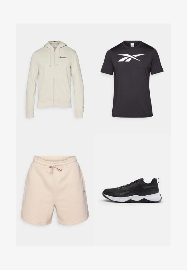 Champion ICONS CONTRAST - Majica s kapuljačom i patentnim zatvaračem - beige; Crna atletska majica izrađena od lagane tkanine, s istaknutim bijelim logotipom na prednjoj strani. Kratki rukavi i dizajn s okruglim izrezom.; Bež pamuk kratke hlače s elastičnim pojasom, podesivom vezicom i dva bočna džepa. Imaju mali logo sa strane.; Reebok NFX - Tenisice za trening - black/cold grey