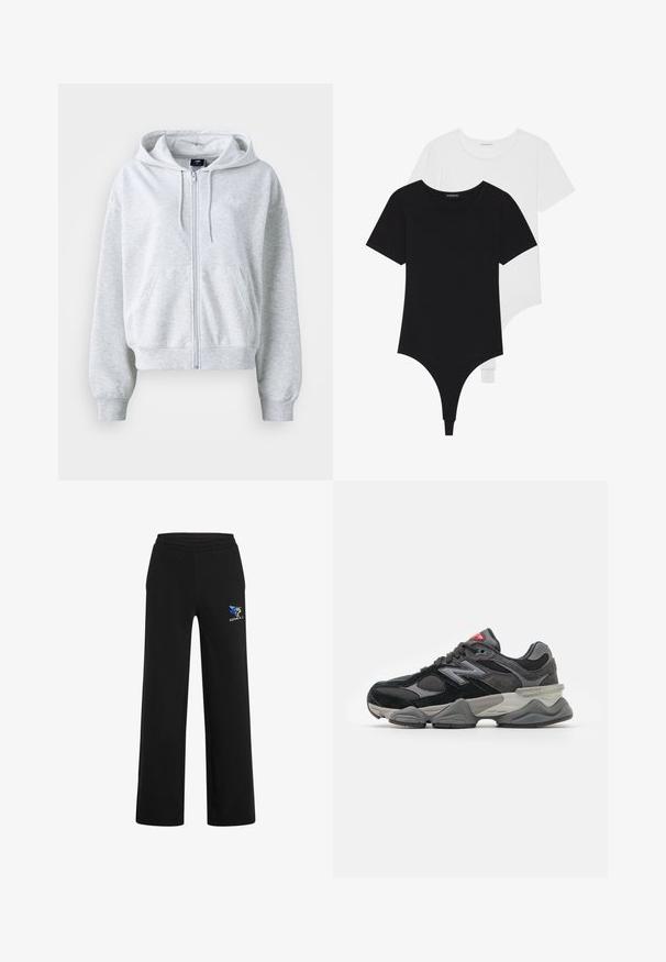 Hellgrauer Pullover mit Reißverschluss vorne, Kapuze und zwei Vordertaschen. Verfügbar mit gerippten Bündchen und Saum sowie einem dezenten Logo auf der Brust.; Schwarz-weiße kurzärmelige Bodysuits mit Rundhalsausschnitten und Tanga-Style, aus glattem, dehnbarem Stoff gefertigt.; Schwarze Jogginghosen aus weichem Material, mit elastischem Bund, geradem Schnitt und einem blauen und goldenen Logo auf der linken Seite.; Schwarzer und grauer Sneaker mit einer Kombination aus Wildleder und Mesh-Materialien, dicker Sohle, ausgeprägtem Logo und roten Akzenten an der Zunge.