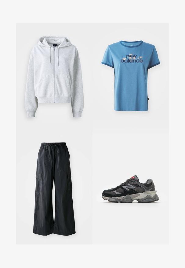 Ljust grå sweatshirt med dragkedja fram, huva och två framfickor. Har ribbade ärmmuddar och fåll, samt en diskret logotyp på bröstet.; Blå bomullströja med korta ärmar, marinblå detaljer, med "new balance" text och blommönster i vitt och gult på framsidan.; Svarta cargobyxor i lätta material, med breda ben, elastisk midja och flera sidofickor. Enkla och funktionella.; Svarta och grå sneakers med en kombination av mocka och mesh-material, tjock sula, framträdande logotyp och röd accent på tungan.