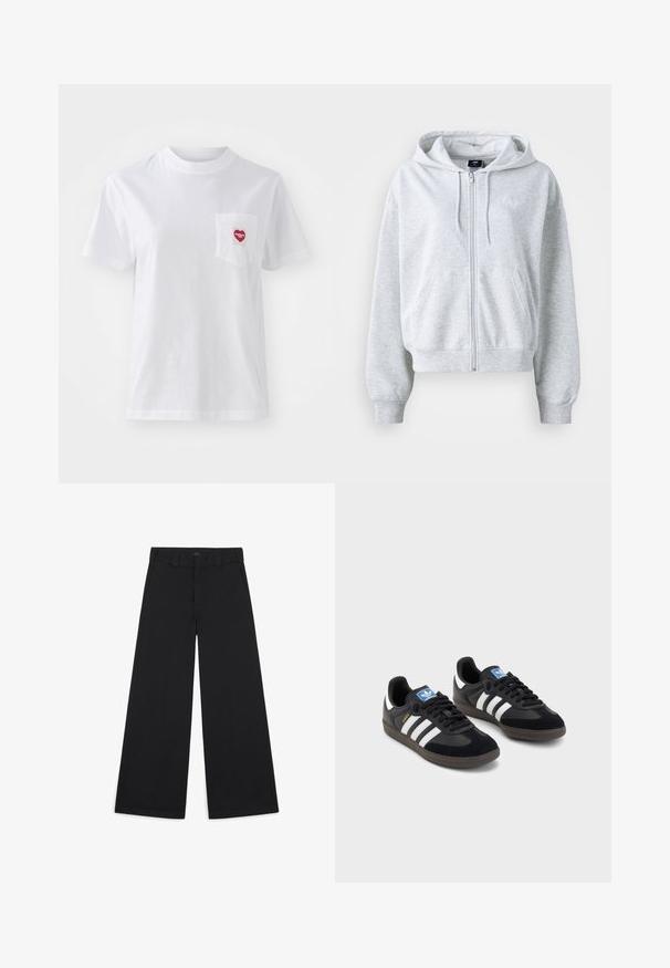 Heledad hall грей свитер, millekäe, kapuutsiga ja kahe esisegmendiga. Omab soonikvarrukaid ja -ääri ning õrn logo rinnal.; Valge lühikeste varrukatega T-särk, mis on valmistatud puuvillast. Särki kaunistab väike punane südamekujulise tasku disain koos tekstiga "Carhartt WIP". Särgi tekstuur on sujuv.; Laiad mustad püksid, mis on valmistatud pehmest, kudumisest kangast. Omavad presseeritud voldikuid, vöörihmasid ja puhtat, viimistletud lõpptulemust.; Mustad tossud, mille pealseks on seemisnahk ja sünteetilised materjalid, kolme valge triibuga, tekstureeritud kummitald ja sinine logo silt keele peal.