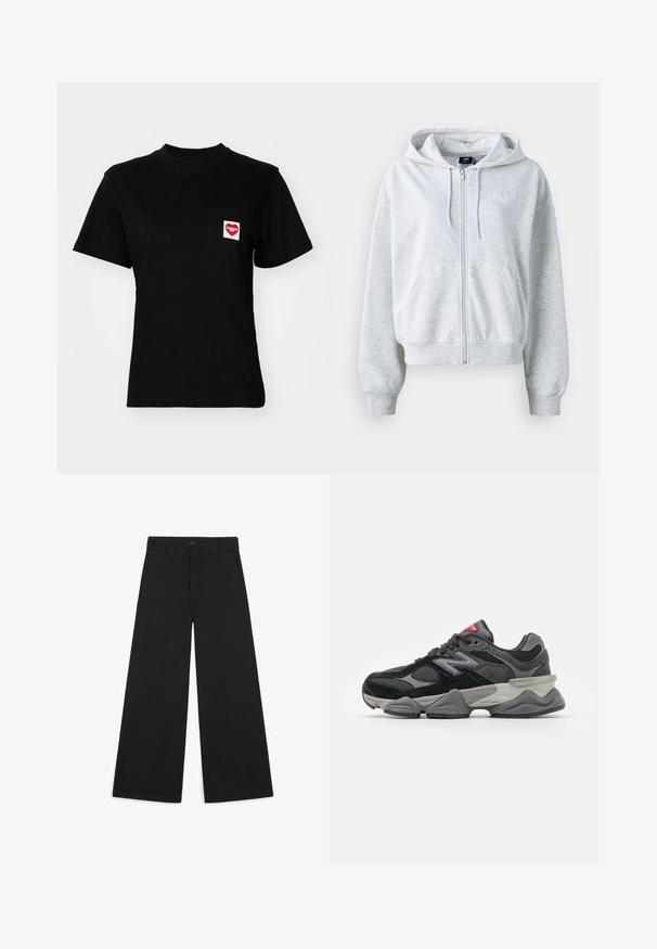 Lichtgrijze sweatshirt met een rits aan de voorkant, capuchon en twee voorzakken. Heeft ribgebreide manchetten en zoom, en een subtiel logo op de borst.; Zwarte katoenen t-shirt met een ronde hals en korte mouwen. Heeft een borstzak met een rood hartlogo en witte tekst.; Zwarte brede broek gemaakt van een zachte, geweven stof. Heeft persplooien, ceintuurlussen en een nette, op maat gemaakte afwerking.; Zwarte en grijze sneaker met een mix van suede en mesh materialen, dikke zool, opvallend logo en een rode accent op de tong.