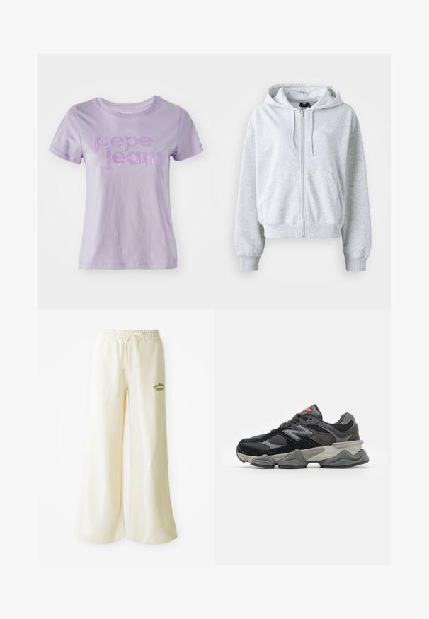 Sudadera gris clara con cremallera frontal, capucha y dos bolsillos delanteros. Presenta puños y dobladillo acanalados, y un sutil logotipo en el pecho.; Camiseta de algodón de manga corta en color lila, con la inscripción "pepe jeans" en letras moradas texturizadas en la parte frontal. Acabado de tejido suave.; Pantalones de chándal anchos color crema con cintura elástica y cordón ajustable. Texto bordado en verde "Athletic" en la parte frontal. Tejido suave.; Zapatilla negra y gris con una mezcla de materiales de ante y malla, suela gruesa, logotipo prominente y acento rojo en la lengüeta.