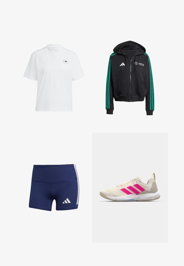 Crna dukserica sa zipom, sa zelenim prugama na rukavima, prednjim džepovima i podesivom kapuljačom. Sahvata belo logotip i brendiranje na grudima.; Bijela pamučna majica s okruglim izrezom i kratkim rukavima. Ima mali crni logo na lijevoj strani prsnog područja. Jednobojna, glatke teksture.; Tamno plave sportske kratke hlače uskog kroja, izrađene od glatkog materijala, s bijelim bočnim prugama i logom u donjem lijevom kutu.; Bež sportska cipela s ružičastim logotipom u obliku tri pruge, gornjište od teksturirane mrežice, podstavljeni ovratnik i bijela gumena đon, s "LIGHTSTRIKE" brendom.