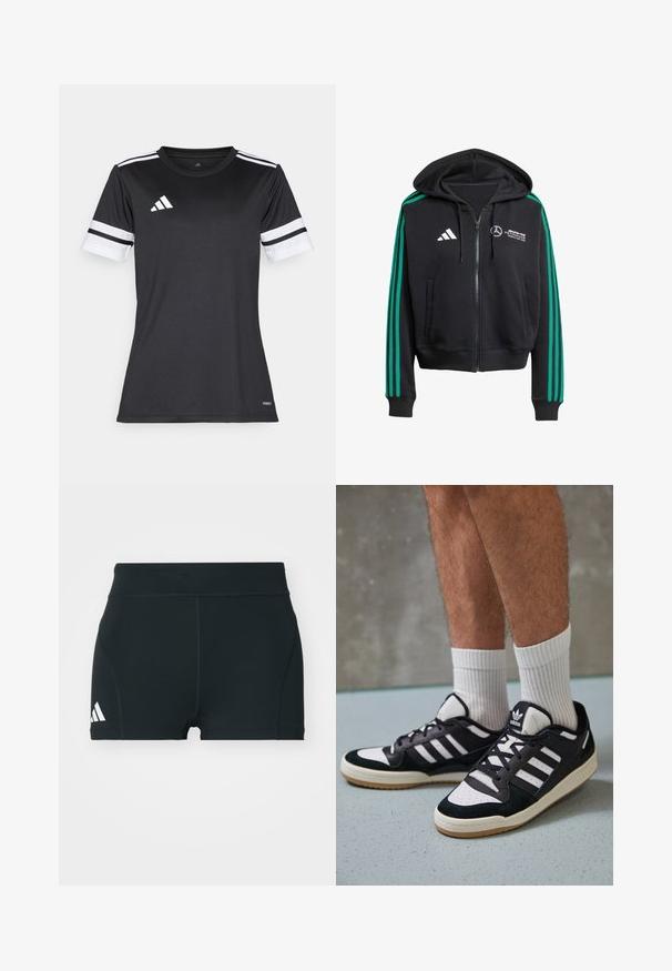 Čierna mikina na zips s zelenými pruhmi na rukávoch, predné vrecká a nastaviteľná kapucňa. Obsahuje biele logo a branding na hrudi.; Čierne športové tričko s bielymi akcentmi a tromi horizontálnymi pruhmi na rukávoch. Vyrobené z materiálu odvádzajúceho vlhkosť, navrhnuté na atletické použitie.; Čierne atletické šortky vyrobené z elastického materiálu, s vysokým pásom, priliehavým strihom a bielym logom Adidas na ľavej strane.; Čierno-biele tenisky s vrchom z semišu a kože, s troma bielymi pruhmi, perforovanou špičkou a gumovou podrážkou.