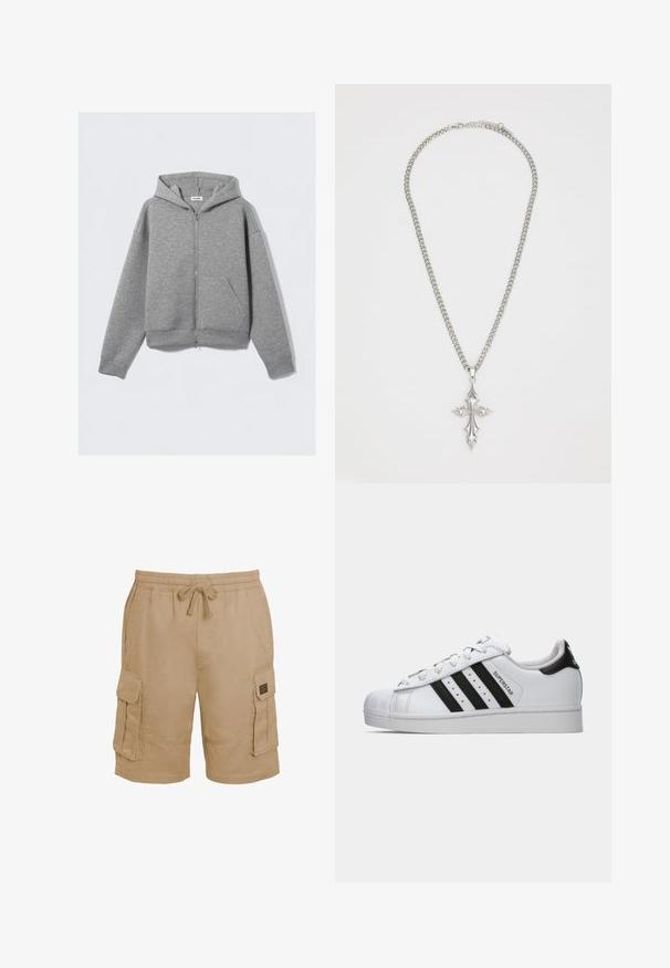 Šedá mikina na zip s předním zipem, velkými klokaními kapsami, dlouhými rukávy a kapucí se stahovací šňůrkou vyrobená z měkkého, strukturovaného materiálu.; Bílá bavlněná tričko s krátkým rukávem, kulatým výstřihem a volným střihem. Hladká textura, bez vzorů nebo grafik, minimální značení na štítku.; Beige bavlněné cargo šortky s elastickým pasem, stahovací šňůrkou a několika bočními kapsami. Texturovaná tkanina se zvýrazněnými švy.; Bílé tenisky Adidas Superstar s černými pruhy, špičkou ve tvaru skořápky a textem "Superstar" na boku, zobrazené v levém profilu na bílém pozadí.; Stříbrný řetízkový náhrdelník s velkým, zdobeným křížem s ostrými akcenty a lesklým povrchem. Řetízek je silný a plochý.