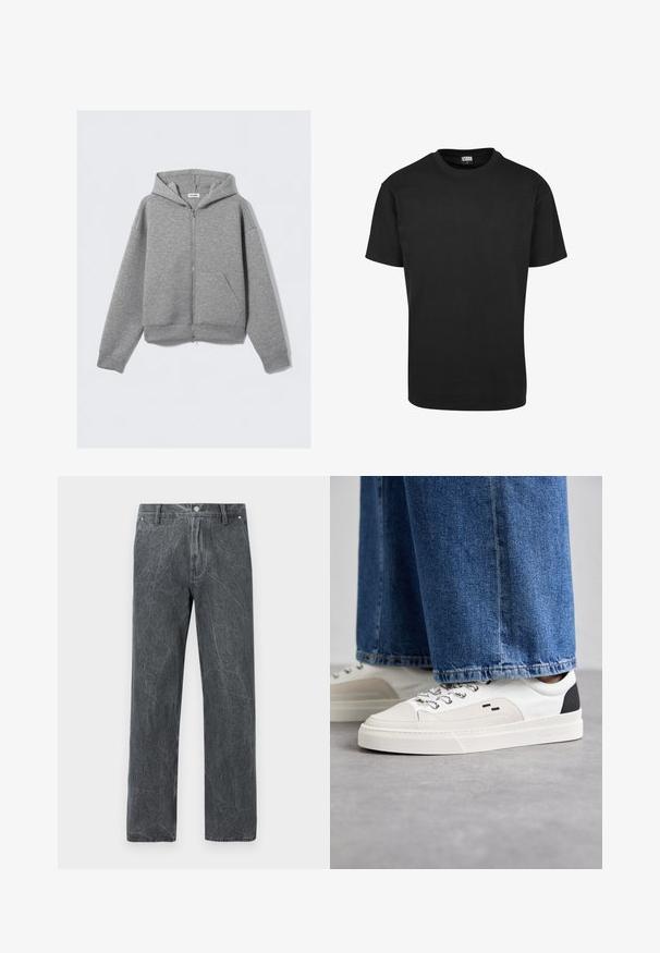 Šedá mikina na zip s předním zipem, velkými klokaními kapsami, dlouhými rukávy a kapucí se stahovací šňůrkou vyrobená z měkkého, strukturovaného materiálu.; Černé bavlněné tričko s kulatým výstřihem, krátkými rukávy a rovnými lemy. Hladká textura; jednoduchý, zdobený design.; Evisu WORK PANT WITH DISTRESSED BACK DAICOCK SHAPE - Džíny Relaxed Fit - grey; Bílé a černé tenisky s hladkým koženým svrškem, texturovanými akcenty a robustní bílou podešví. Mají klasický design se šněrováním.