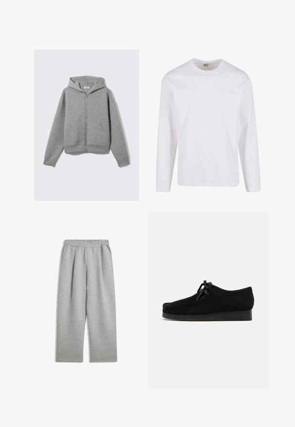 Hanorac gri cu fermoar pe față, buzunare mari tip cangur, mâneci lungi și glugă cu șnur, dintr-un material moale și texturat.; Tricou alb cu mânecă lungă, realizat din bumbac moale, având un decolteu rotund și un design curat, fără modele grafice sau embellishments.; Pantaloni de trening gri deschis, cu talie elastică și buzunare laterale, tăiere drept, dintr-o țesătură moale.; Pantofi din suede negri cu un design cu vârful rotund, cu șireturi în față și o talpă de cauciuc texturată, neagră. Partea superioară este netedă, cu detalii de cusătură subtile.