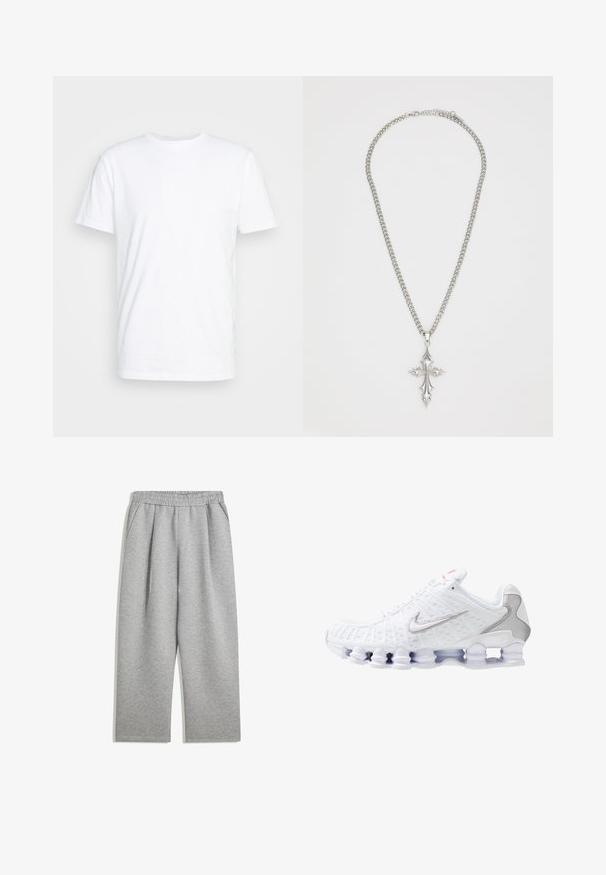 Szürke, cipzáros kapucnis pulóver elülső cipzárral, nagyméretű kenguruzsebekkel, hosszú ujjal és zsinóros kapucnival, puha, texturált anyagból.; Fehér pamut póló klasszikus kerek nyakkal, rövid ujjal és sima textúrával; mintázat vagy látható logó nélkül.; Világosszürke melegítőnadrág, elasztikus derékkal és oldalsó zsebekkel, egyenes lábú fazonban, puha anyagból készült.; Fehér sportcipő, texturált hálós felsőrésszel, ezüst Nike logóval, párnázott nyakkal és egyedi, rugós, áttetsző műanyag talppal.; Ezüst lánc nyaklánc, amelyben egy nagy, díszes keresztmedál található éles kiemelésekkel és fényes felülettel. A lánc vastag és lapos.