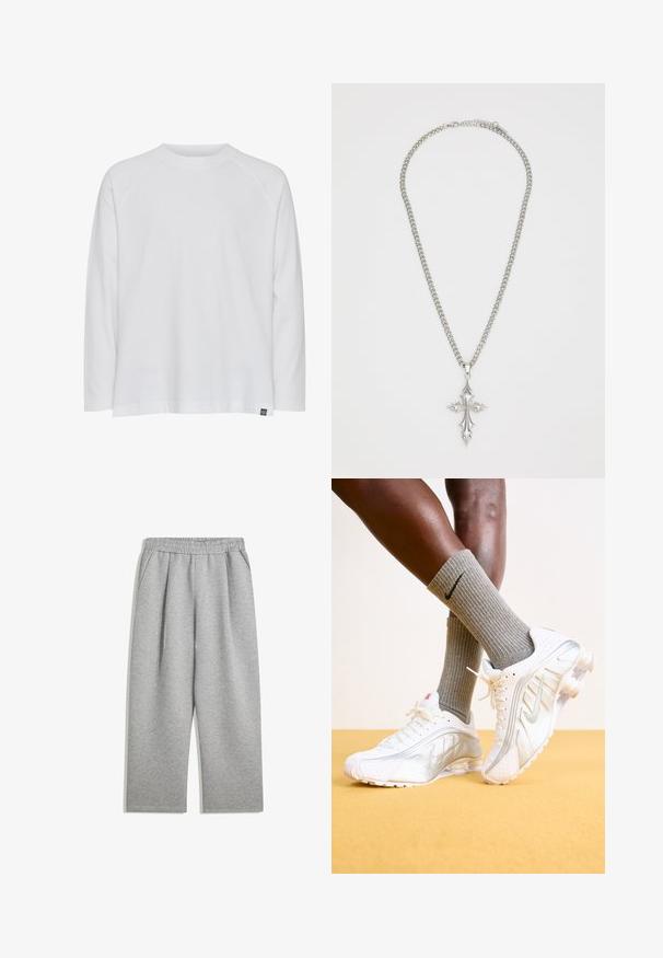 Grey zip-up hoodie with a front zipper, large kangaroo pockets, long sleeves, and a drawstring hood in soft, textured material.; White long-sleeve t-shirt with a round neckline, a relaxed fit, and raglan sleeves. Made of soft cotton fabric; features a small brand label.; Light gray sweatpants with elastic waistband and side pockets, straight leg cut, made of soft fabric.; Nike sneakers in white with silver accents, featuring textured panels and perforations. Paired with gray ribbed socks, set against a yellow background.; Silver chain necklace featuring a large, ornate cross pendant with sharp accents and a polished finish. The chain is thick and flat.