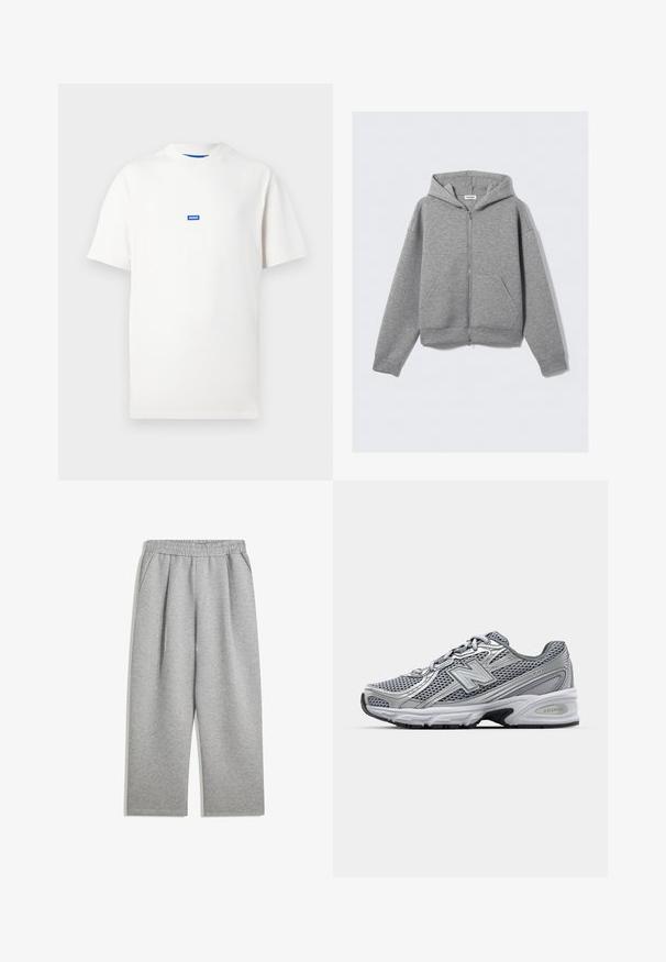 Grey zip-up hoodie with a front zipper, large kangaroo pockets, long sleeves, and a drawstring hood in soft, textured material.; White short-sleeve T-shirt with a small blue rectangular logo reading "HUGO" centered on the chest, plain background.; Light gray sweatpants with elastic waistband and side pockets, straight leg cut, made of soft fabric.; Gray athletic shoe featuring a mesh upper, silver accents, a padded collar, and a white midsole with black outsole.