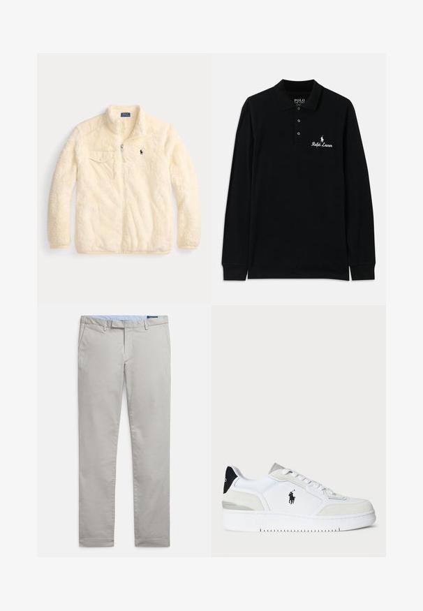 Crème-kleurige fleece jas met een rits aan de voorkant, staande kraag, borstzak aan de linkerkant en een klein geborduurd logo op de borst. Zachte en gestructureerde stof.; Zwarte langek mouwen polo shirt van katoen, met een ribgebreide kraag, drie knopen en een wit geborduurd "Ralph Lauren" logo.; Lichtgrijze chinos gemaakt van glad katoenstof, met een klassiek ontwerp, rechte pijpen, zijzakken en een nette afwerking aan de zoom.; Witte sneaker met bovenwerk van suede en leer, zwarte hielaccent, platte veters, logo aan de zijkant en gestructureerde zool.