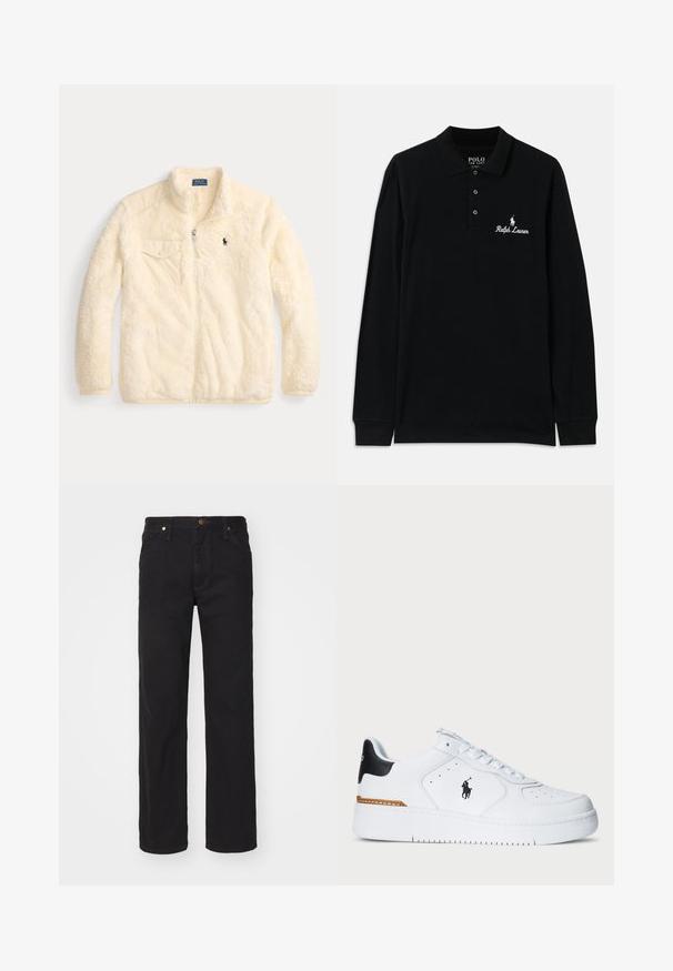 Veste en polaire crème avec fermeture éclair à l'avant, col montant, poche sur la poitrine à gauche et petit logo brodé sur la poitrine. Tissu doux et texturé.; Polo-shirt noir à manches longues en coton, doté d'un col à côtes, d'une patte de boutonnage à trois boutons et d'un logo "Ralph Lauren" brodé en blanc.; Jean en denim noir avec une coupe droite, dotés d'une fermeture à bouton, de cinq poches et d'accents en matériel couleur cuivre.; Baskets basses blanches avec un onglet de talon noir, un accent marron près de la semelle, un design à lacets et un logo noir de cheval et cavalier sur le panneau latéral.