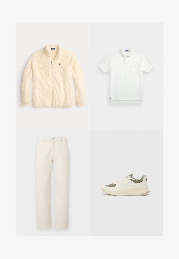 Kremfarget fleecejakke med glidelås foran, stående krage, venstre brystlomme og liten brodert logo på brystet. Myk og teksturert stoff.; Hvit polo skjorte laget av bomull, med klassisk krage, tre-knapps ståkrage og lomme på venstre bryst; liten logo ved kanten.; Kremfargede rett ben-jeans laget av bomull, med knappelukking, beltestropper og en enkel tekstur uten mønstre.; Hvit og lysebeige treningssko, med en mesh-overdel, perforerte detaljer og en teksturert mellomsåle med merkevare på hælen.