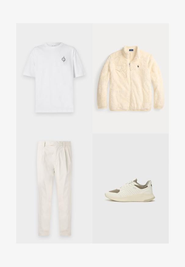 Giacca in pile color crema con zip frontale, colletto alto, tasca sul petto a sinistra e piccolo logo ricamato sul petto. Tessuto morbido e texturizzato.; T-shirt in cotone bianco con vestibilità rilassata, presenta un piccolo logo grafico nero nella zona sinistra del petto. Maniche corte, collo a giro.; Pantaloni bianchi plissettati con taglio su misura, caratterizzati da una texture liscia, passanti per la cintura e gambe affusolate. Nessuna tasca o motivo visibile.; Sneaker atletica bianca e beige chiaro, con tomaia in mesh, dettagli perforati e una suola intermedia texturizzata con marchio sul tallone.