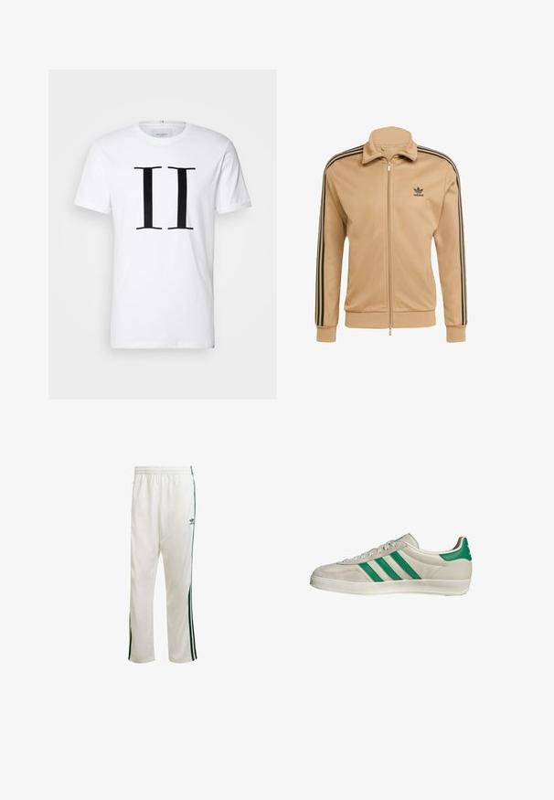 Beige Zip-Jacke mit hohem Kragen, schwarzen drei-Streifen-Akzenten an den Ärmeln und einem kleinen schwarzen Logo auf der linken Brust. Glatte Stoffstruktur.; Weißes Baumwoll-T-Shirt mit einem auffälligen schwarzen „II“-Druck in der Mitte. Klassischer Rundhalsausschnitt und kurze Ärmel. Glatte Textur, lockere Passform.; Weiße Sporthose mit grünen Seitenstreifen, elastischem Bund und einem Logo auf der oberen linken Seite. Hergestellt aus leichtem Stoff.; Beige Sneaker mit grünen Streifen, ausgestattet mit einer weißen Sohle und einem Obermaterial aus glattem Leder. Seitenansicht, die die Schnürdetails und das Logo hervorhebt.