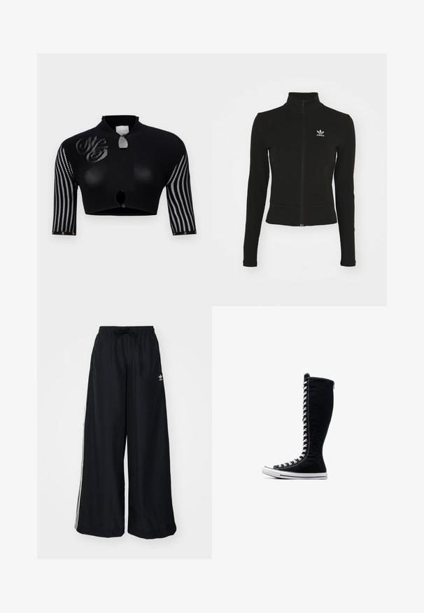 Črna jakna na zips z dolgimi rokavi, narejena iz teksturirane tkanine, z majhnim modrim logotipom Adidas na levem prsnem delu.; Črn skrajšan top z visokim ovratnikom, ki vsebuje mrežaste rokave z vertikalnimi črtami, osrednjo zaponko s gumbom in dekorativna logotipna podrobnost.; Črne široke hlače iz lahkega blaga. Imajo elastičen pas z vrvico in bele stranske črte. Logotip blagovne znamke na boku.; Črne visoke superge z visokim dizajnom, narejene iz platna. Imajo bele vezalke, šivanje in gumijast podplat z zaščito za prste.