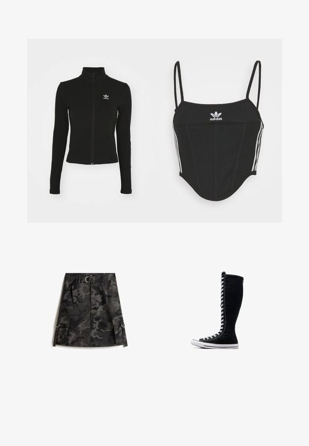 Chaqueta negra con cremallera y mangas largas, hecha de material texturizado, que presenta un pequeño logo azul de Adidas en el lado izquierdo del pecho.; Top corto negro con canalé y tirantes finos ajustables, que presenta tres rayas blancas a los lados y un pequeño logo de Adidas blanco en el centro.; Falda de camuflaje en gris oscuro y negro, con cremallera frontal, cinturón con hebilla plateada y dos bolsillos cargo con aros.; Zapatillas altas negras de lona con un diseño alto. Cuentan con cordones y costuras blancas, y una suela de goma con una puntera.