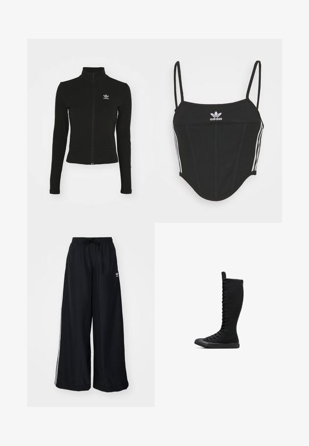 Fekete, cipzáras dzseki hosszú ujjal, texturált anyagból készült, bal mellen egy kis kék Adidas logóval.; Fekete bordás crop top állítható vékony pántokkal, három fehér csíkkal az oldalán és egy kis fehér Adidas logóval a közepén.; Fekete, bő szabású nadrág, könnyű anyagból készült. Rugalmas derékkal, zsinórral és fehér oldalcsíkokkal rendelkezik. Márkalogó a csípőn.; Fekete magas szárú vászon csizmák, lekerekített orral, cipzárral és elől fűzővel. Texturált felülettel és gumitalppal rendelkezik.