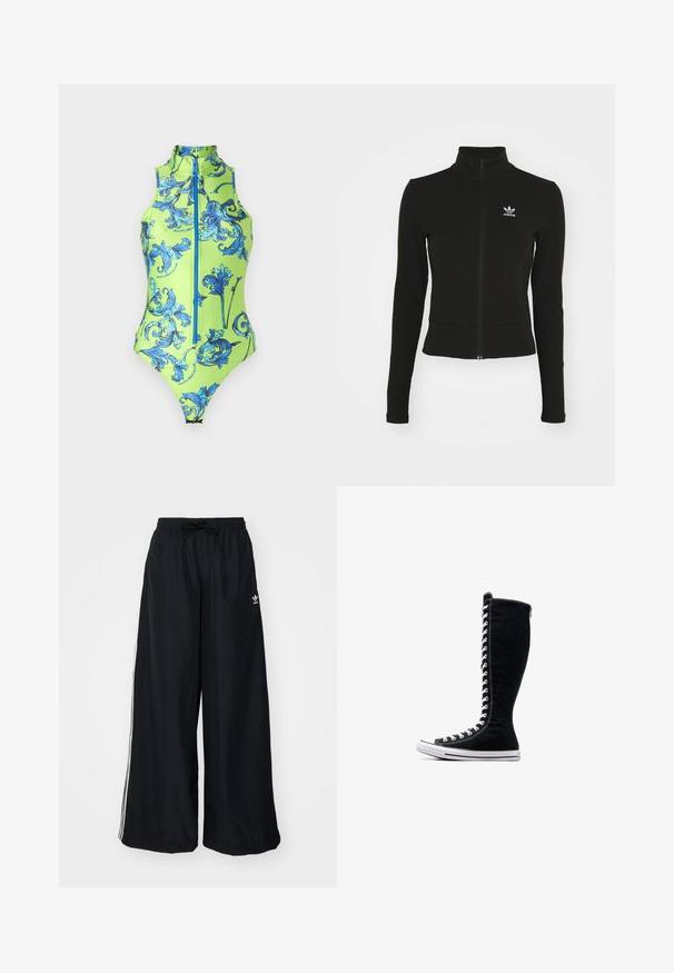 Melna zipa jaka ar garām piedurknēm, veidota no teksturēta materiāla, ar mazu zilu Adidas logotipu kreisajā krūtī.; Zaļa peldkostīms ar augstu apkakli, ar zilu ziedu rakstu, ar rāvējslēdzēju priekšā un gludu, izstiepjamu materiālu.; Melni plataji svārki, kas izgatavoti no viegla auduma. Raksturīga elastīga josta ar auklu un baltām sānu svītrām. Zīmola logo uz gurniem.; Melni augstie sporta apavi ar augstu dizainu, izgatavoti no kanvas. Iezīmēti ar baltiem auklām, diegojumiem un gumijas zoli ar purngalu.