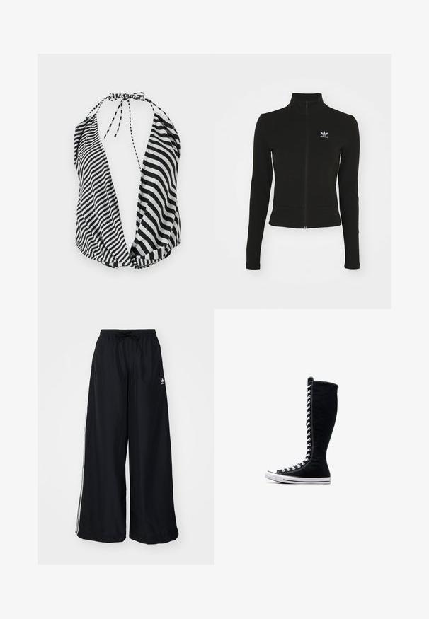 Giacca nera con zip e maniche lunghe, realizzata in materiale testurizzato, con un piccolo logo Adidas blu sul lato sinistro del petto.; Top halter a righe bianche e nere con scollatura profonda, chiusura a lacci al collo e tessuto morbido e leggero.; Pantaloni neri a gamba larga realizzati in tessuto leggero. Presentano una vita elastica con cordoncino e strisce bianche sui lati. Logo del marchio sull'anca.; Sneakers nere alte con un design slanciato, realizzate in tela. Presentano lacci bianchi, cuciture e una suola in gomma con punta rinforzata.