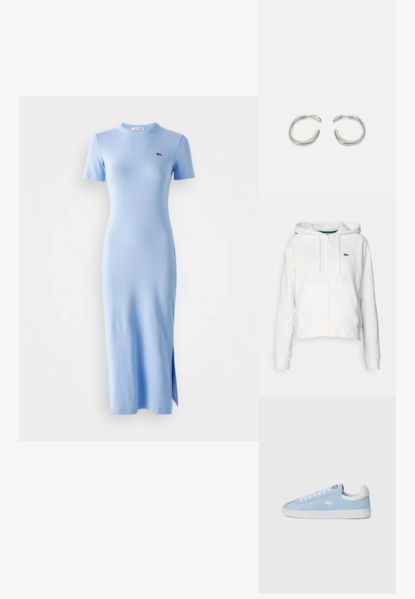 Bílá zkrácená mikina s kapucí vyrobená z jemné tkaniny, se zipem vpředu, dvěma kapsami a malým zeleným logem na levé části hrudi.; Světle modré, krátkosrsté, žebrované midi šaty s kulatým výstřihem a malým zeleným logem na levé části hrudníku, s bočním rozparkem na spodním okraji.; Světle modré semišové tenisky s bílými tkaničkami a gumovou podrážkou. Mají malé stříbrné logo na boku a bílý kožený výztuh s patní části.; Stříbrné kruhové náušnice s hladkým, zaobleným designem a lesklým, vyleštěným povrchem. Mají minimalistický tvar s malým otvorem.