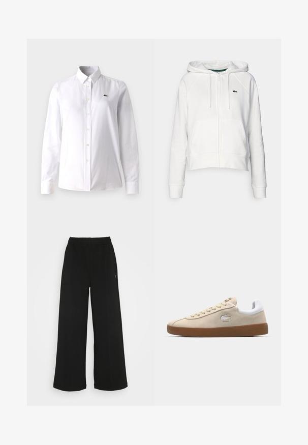 White cropped hoodie made of soft fabric with a front zipper, two pockets, and a small green logo on the left chest area.; White button-up shirt made of cotton, featuring a classic collar, long sleeves, and a small green logo on the left chest.; Black wide-leg pants with an elastic waistband. Made from a soft, lightweight material. Features vertical seams along the front.; Beige suede sneakers with a white leather heel and rubber gum sole. Features laces and a crocodile logo on the side. Simple design.