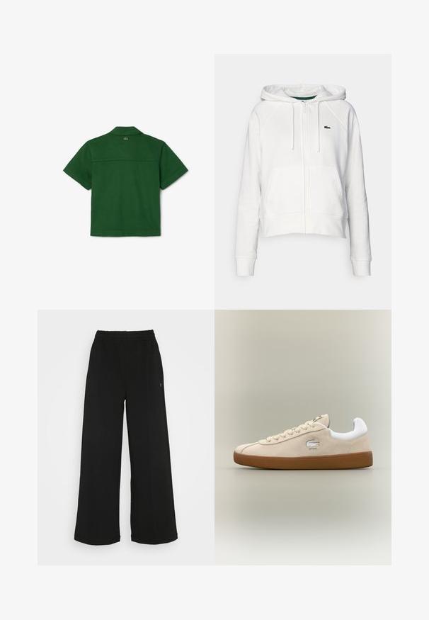 Felpa bianca cropped realizzata in morbido tessuto, con zip frontale, due tasche e un piccolo logo verde sull'area sinistra del petto.; Camicia verde a maniche corte con colletto, chiusura a bottoni e yoke posteriore. Presenta un piccolo logo sopra lo yoke. Realizzata in un tessuto leggero.; Pantaloni neri a gamba larga con vita elasticizzata. Realizzati in un materiale morbido e leggero. Presentano cuciture verticali sul davanti.; Sneaker in suede beige con dettagli bianchi e suola in gomma. Presenta un logo in rilievo sul lato e lacci beige a contrasto. Design classico.