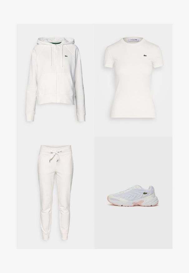 Sudadera corta blanca de tela suave con cremallera frontal, dos bolsillos y un pequeño logo verde en el área izquierda del pecho.; Camiseta blanca de manga corta de canalé con cuello redondo y un pequeño logo del cocodrilo verde de Lacoste en el lado izquierdo del pecho. Tela de algodón suave.; Pantalones deportivos blancos hechos de tela suave, con cintura de cordón, puños elásticos y dos bolsillos laterales para mayor practicidad.; Zapatillas deportivas blancas con parte superior de malla texturizada, sutiles acentos rosas en la suela y un logo de cocodrilo verde en el costado.